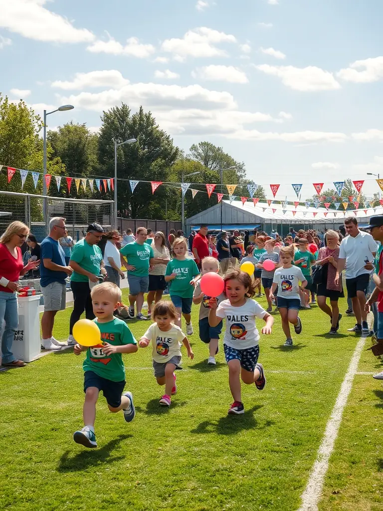 A lively scene of families and individuals of all ages participating in a community-wide sports day, with various sports stations and local volunteers assisting.
