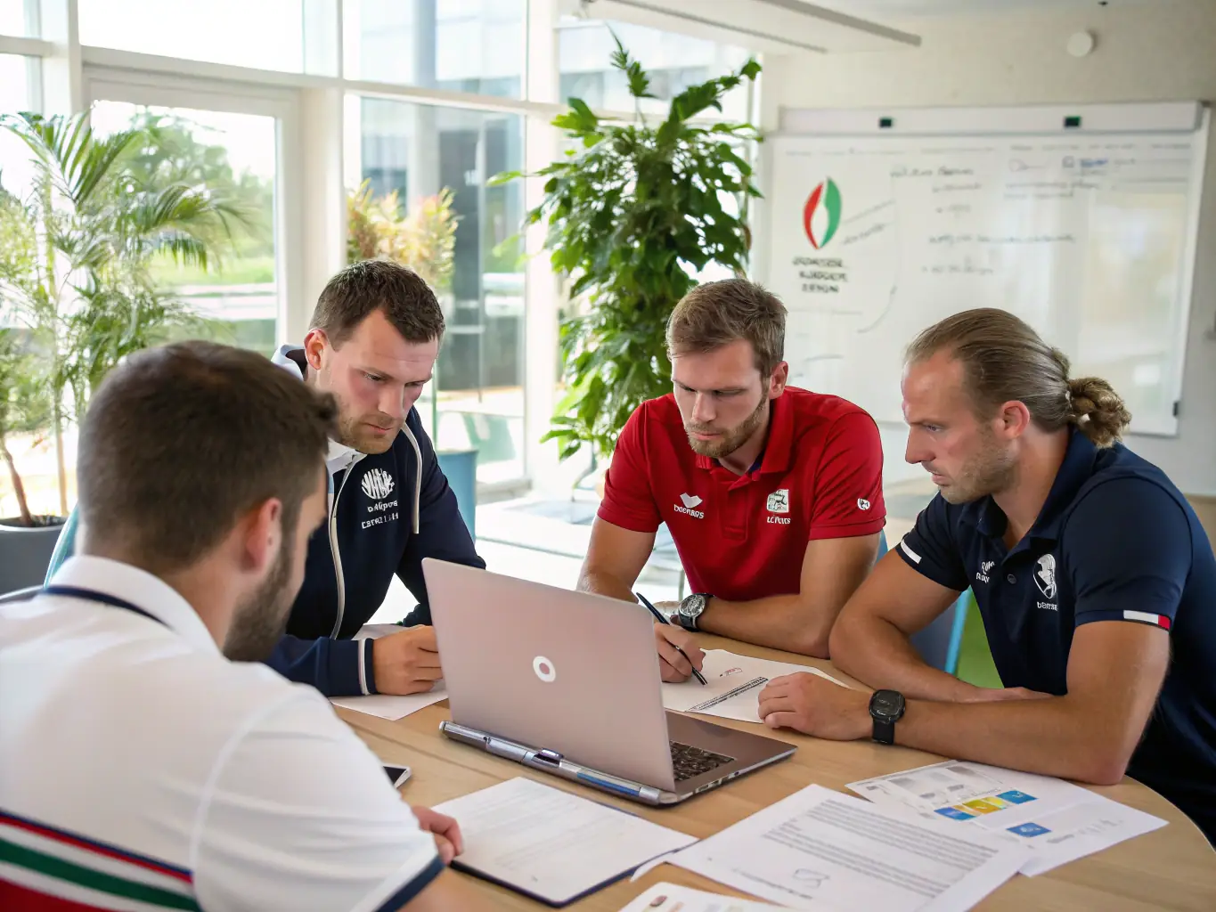 A meeting of local sports club leaders and OSCS representatives around a table, discussing partnership plans, with sports equipment and community posters in the background, illustrating support for local associations.