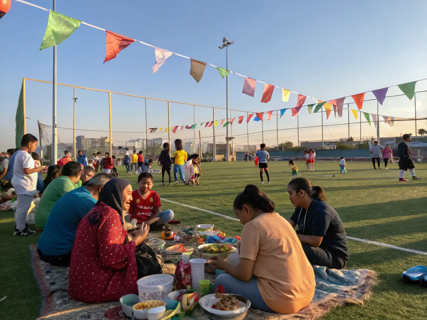 A festive community sports day with people of all ages playing football, volleyball, and pétanque on a large open field, surrounded by colorful tents and local association stands.