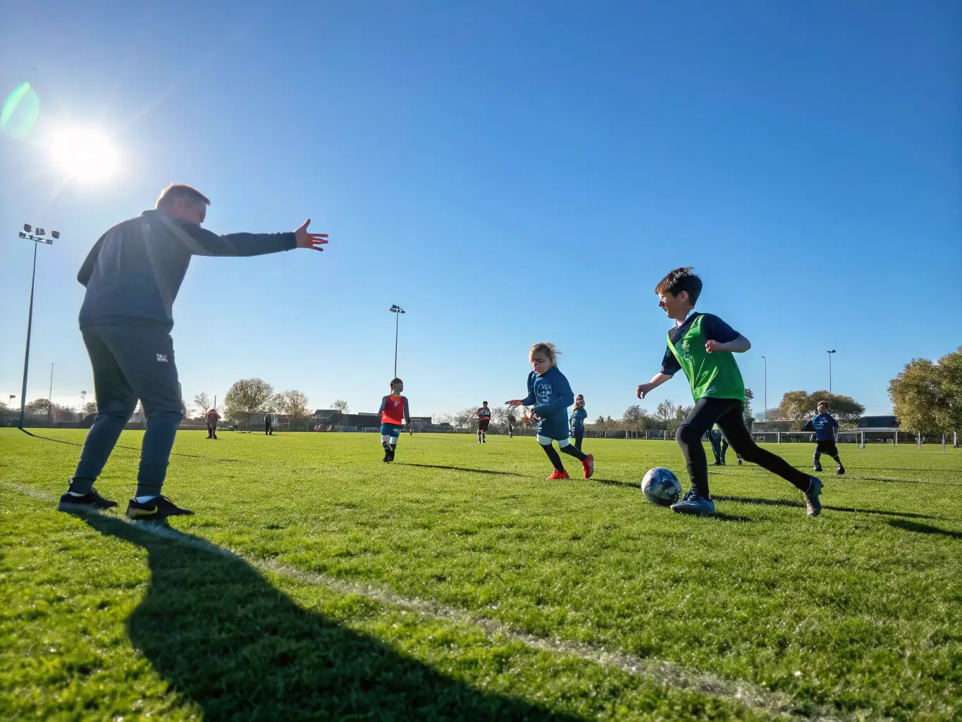 A vibrant photo of children and adults playing soccer together on a sunny day in Seurre, with coaches and families cheering from the sidelines, capturing the energy and inclusivity of a community sports event.