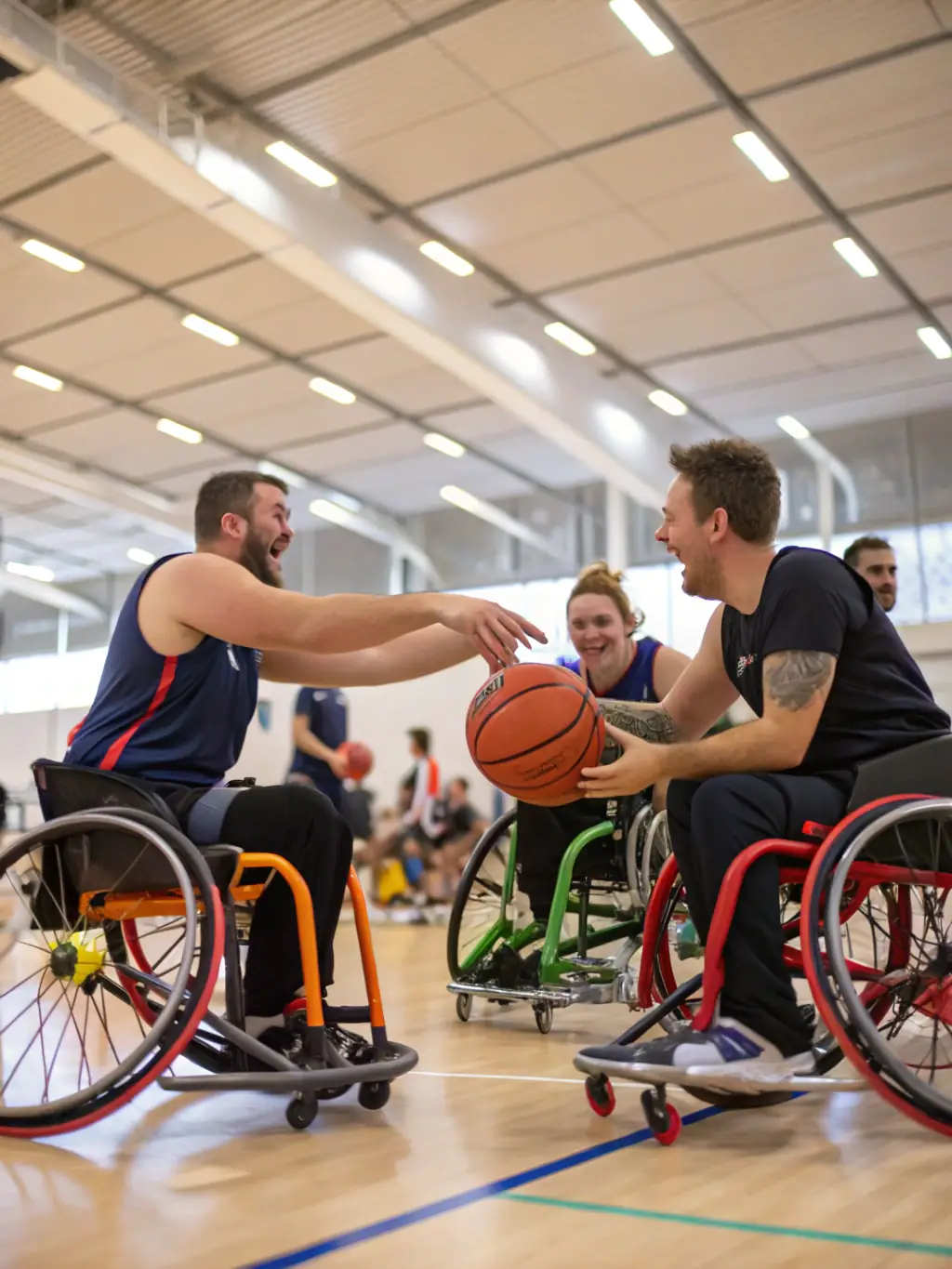 An inspiring photo of a mixed-ability group playing adaptive basketball in a modern gym, with specialized equipment and supportive instructors present.