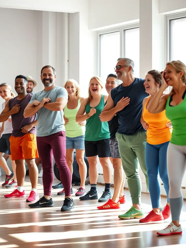 A dynamic image of senior citizens engaged in a group fitness class, smiling and stretching together in a bright community gym, highlighting the Senior Fitness Initiative.