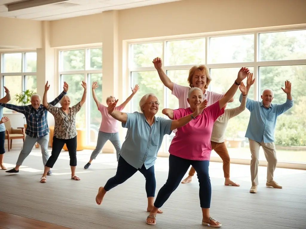 A dynamic image of a group of seniors participating in a gentle fitness class in a bright gymnasium, with an instructor leading stretching exercises and participants smiling and interacting.