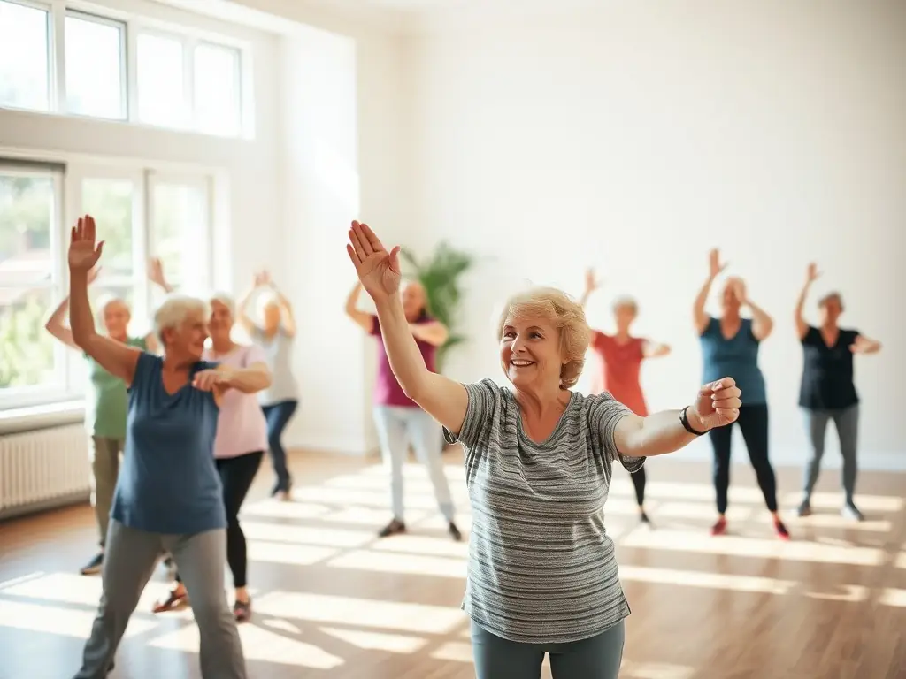 A group of seniors smiling and stretching together in a bright gymnasium, with an instructor leading a gentle exercise class and OSCS banners in the background.