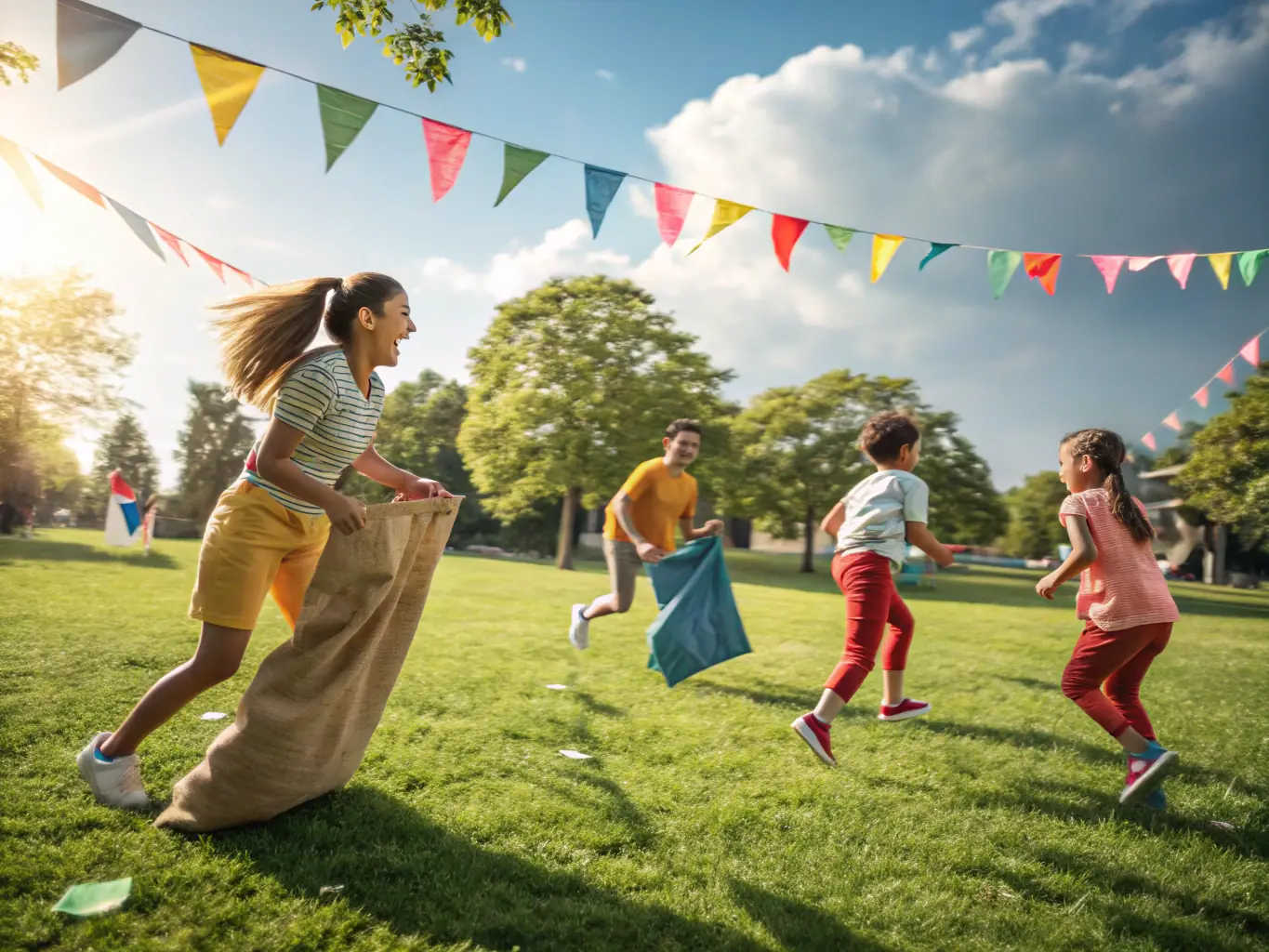 A festive scene from the Seurre Youth Sports Festival, with children competing in relay races, volunteers organizing workshops, and families enjoying outdoor games under colorful banners.