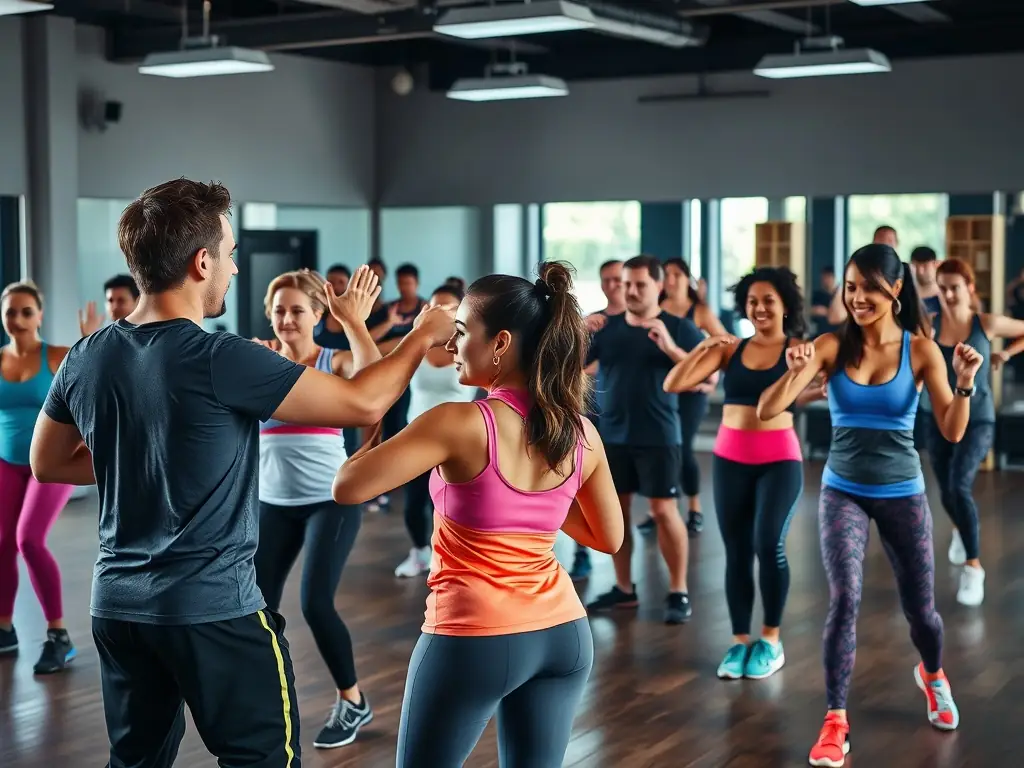 A joyful moment of people with and without disabilities participating in a group exercise class inside a local gym, with OSCS staff facilitating, symbolizing social inclusion and equal opportunity.