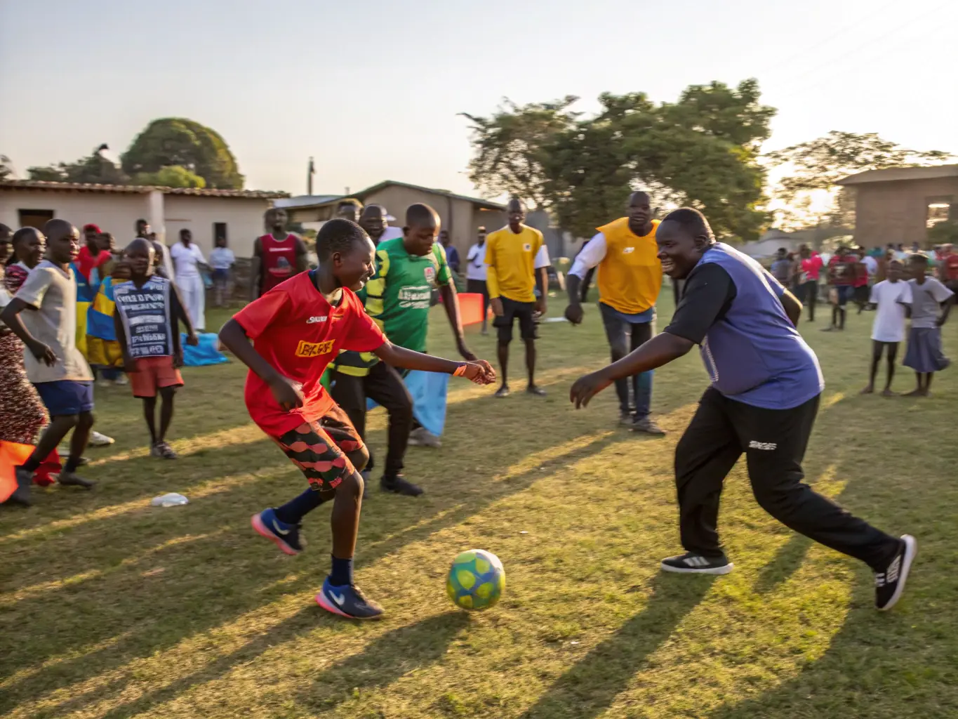 A diverse group of children and adults of various backgrounds playing football together on a sunny community field, with OSCS volunteers cheering and supporting from the sidelines, representing inclusive access to sports for all.