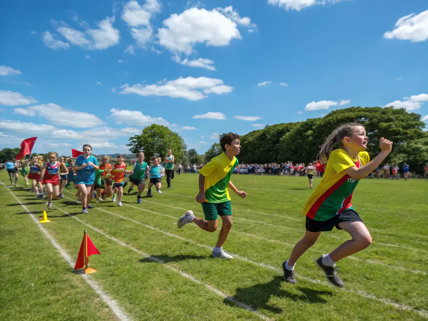 A lively outdoor scene of children and teenagers participating in a relay race on a sunny field, with banners displaying 'Seurre Youth Sports Festival' and families cheering from the sidelines.