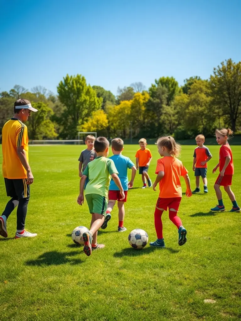 A vibrant photo of children and teenagers participating in a youth football training session on a green field, with coaches providing guidance and encouragement, representing OSCS's youth development program.
